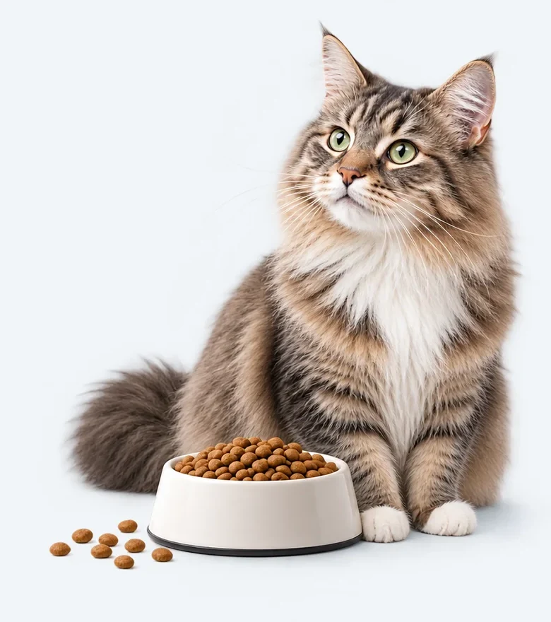 Chat adulte près d’un bol de croquettes
